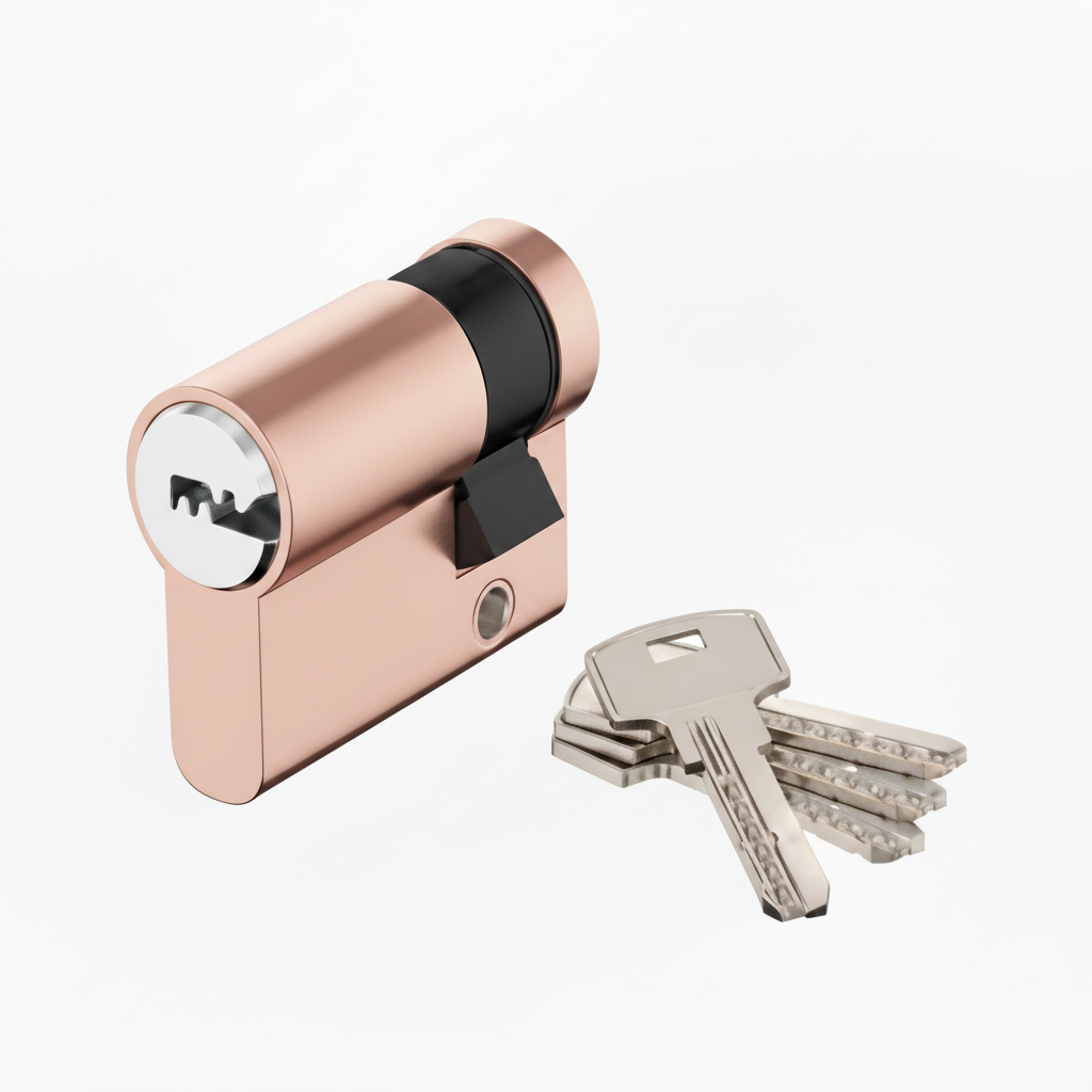 A high-security Euro profile double cylinder door lock in a premium polished rose gold finish, presented with a set of five high-precision dimple keys. The image highlights the anti-drill and anti-pick security features and the standardized barrel design ideal for luxury residential and commercial entry doors.