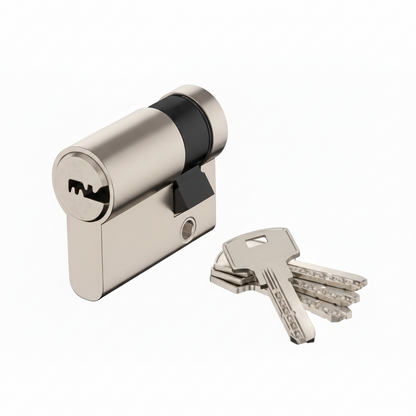 A high-security Euro profile double cylinder door lock in a premium satin nickel finish, shown with a set of five high-precision dimple keys. The image highlights the anti-drill and anti-pick security features and the standardized barrel design ideal for residential and commercial entry doors.