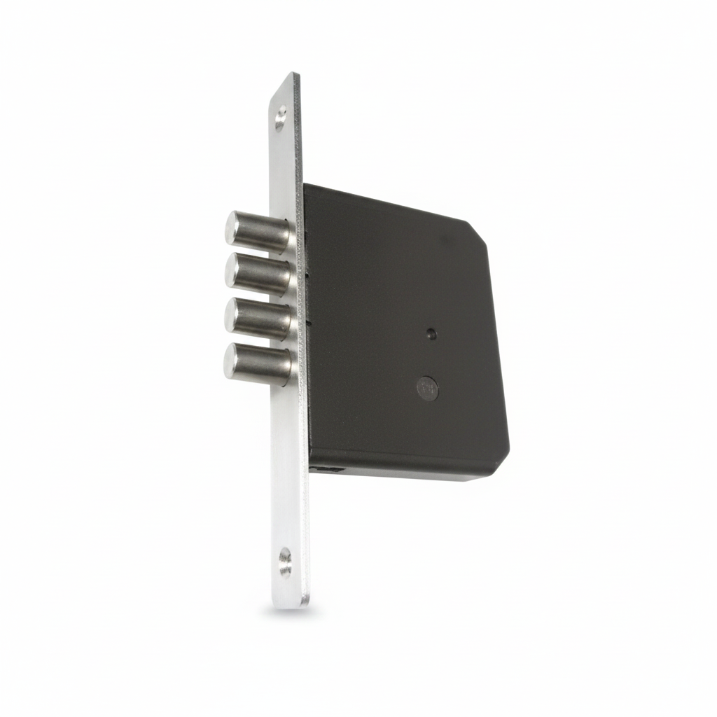 Heavy-duty mortise lock body featuring a four-bullet stainless steel deadbolt system, black powder-coated security case, and a brushed satin finish faceplate for high-security main doors.