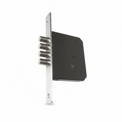Heavy-duty mortise lock body featuring a four-bullet stainless steel deadbolt system, black powder-coated security case, and a brushed satin finish faceplate for high-security main doors.