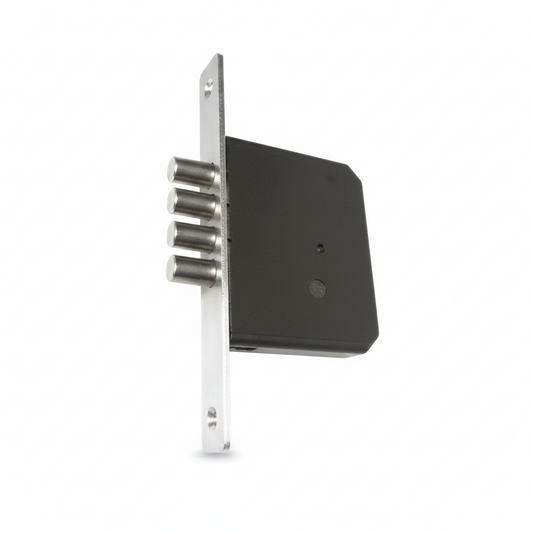 Heavy-duty mortise lock body featuring a four-bullet stainless steel deadbolt system, black powder-coated security case, and a brushed satin finish faceplate for high-security main doors.