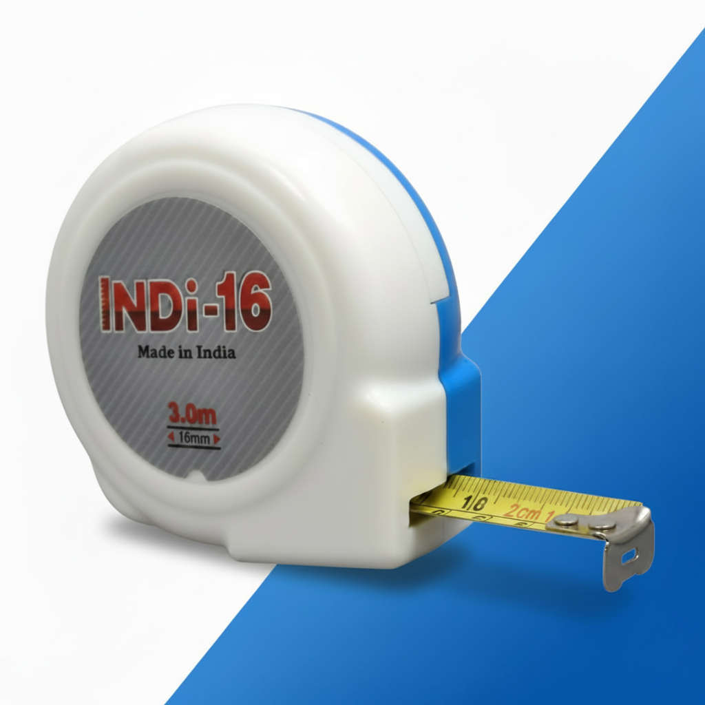 A white and blue INDi-16 measuring tape with a 3.0m length and 16mm blade width, featuring a durable plastic casing and an extended yellow steel tape with metric markings, prominently labeled "Made in India."