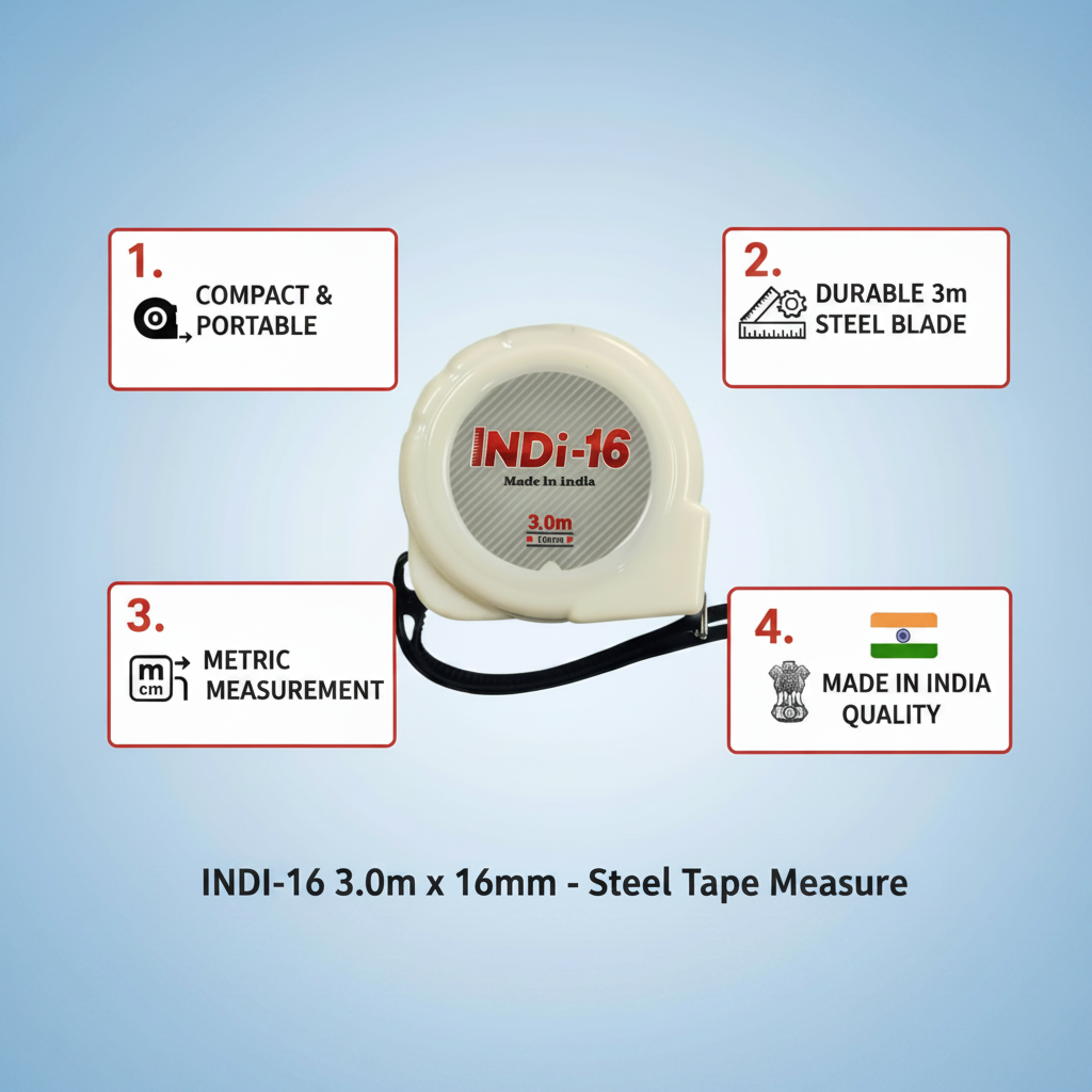 Product infographic for the INDI-16 Steel Tape Measure, a 3.0m x 16mm measuring tool featuring a compact and portable design, a durable 3m steel blade, metric measurement scales, and high-quality "Made in India" manufacturing.