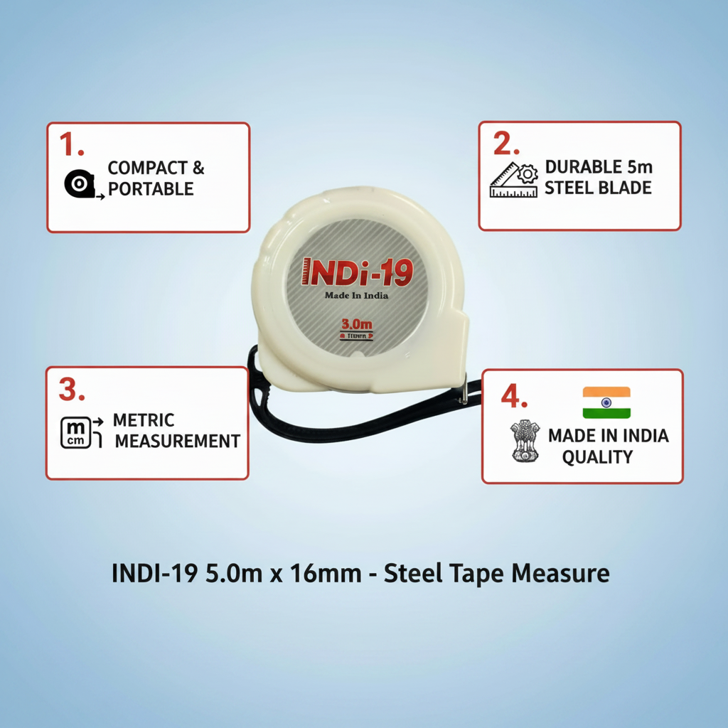Product infographic for the INDI-19 Steel Tape Measure, a 5.0m x 16mm measuring tool featuring a compact and portable design, a durable 5m steel blade, metric measurement scales, and high-quality "Made in India" manufacturing.