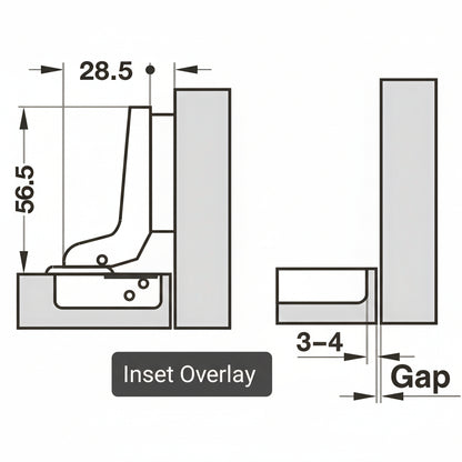 A technical diagram for an inset overlay cabinet hinge showing detailed mounting dimensions including a 56.5mm arm length and 28.5mm width. The schematic illustrates the relationship between the door and cabinet frame, highlighting a required 3-4mm gap for proper inset door clearance.