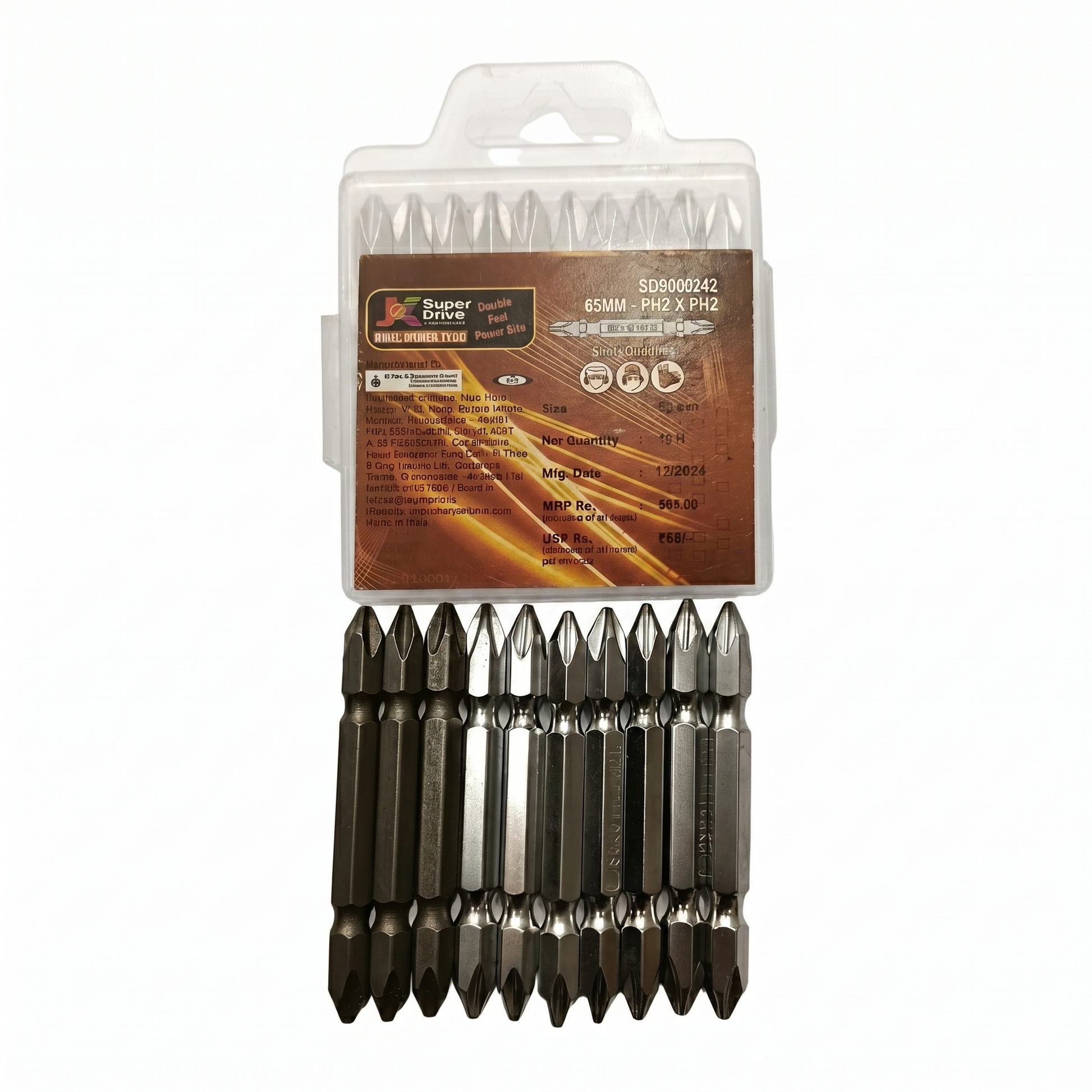 JK Super Drive SD9000242 10-piece power bit set featuring 65mm double-ended PH2 x PH2 Phillips head screwdriver bits with a reinforced central shank for high-torque impact driver use.