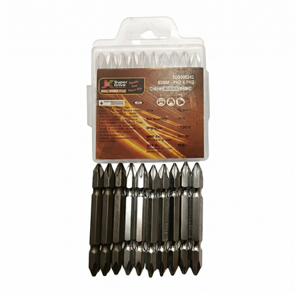 JK Super Drive SD9000242 10-piece power bit set featuring 65mm double-ended PH2 x PH2 Phillips head screwdriver bits with a reinforced central shank for high-torque impact driver use.