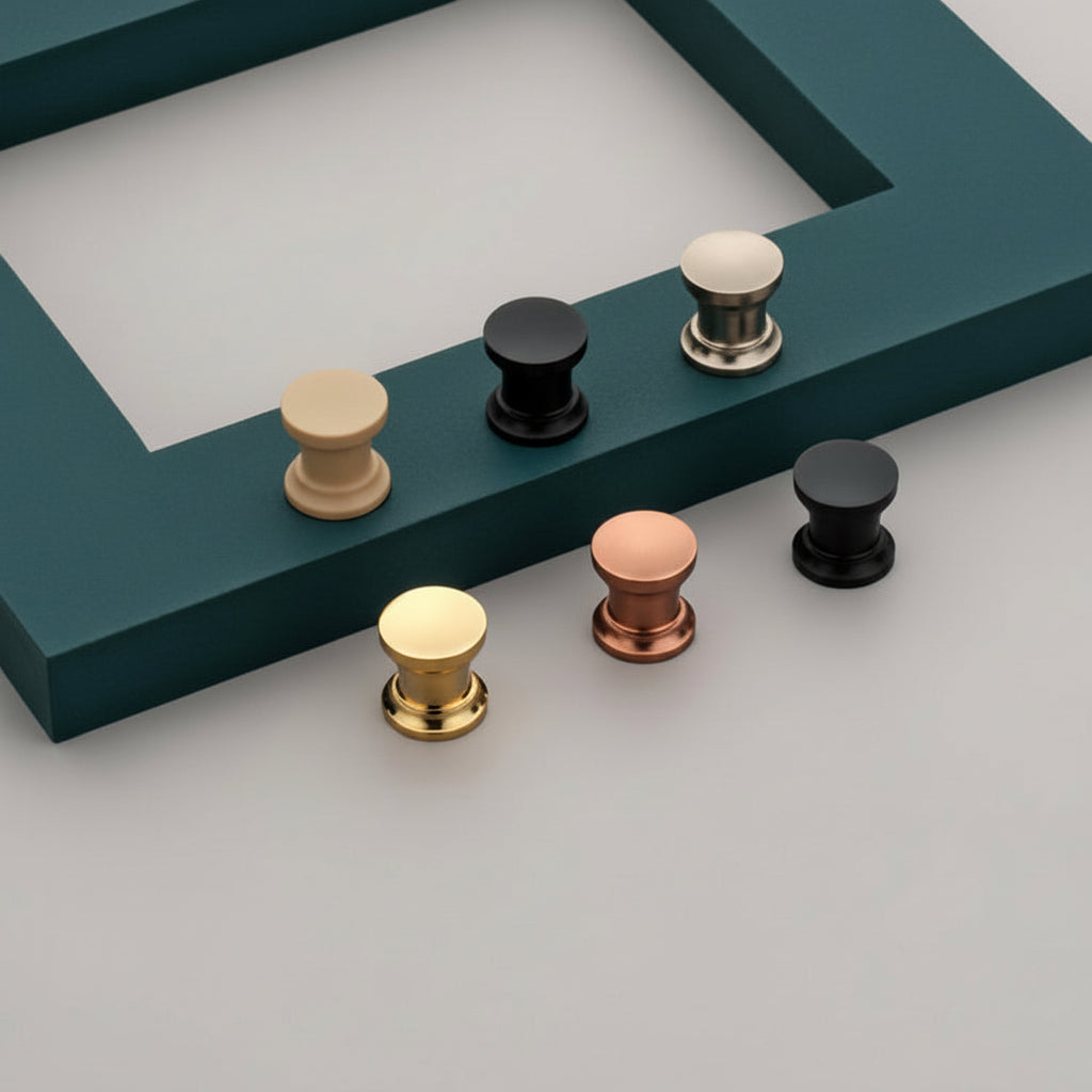 A selection of Creatick KB-04 modern pedestal-style cabinet knobs in multiple finishes: matte black, polished gold, rose gold, satin nickel, and cream. These sleek, minimalist furniture knobs are displayed on a grey and teal surface, providing a contemporary hardware solution for kitchen cupboards, drawers, and wardrobe doors.