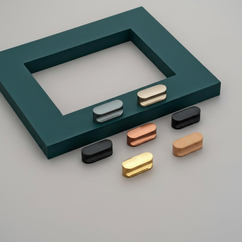 A premium showcase of Creatick KB-65 modern cabinet pulls, featuring a sleek, ergonomic curved design with a minimalist profile. This collection is displayed in an elegant range of high-quality finishes, including matte black, rose gold, satin nickel, gray, polished gold, and a natural wood-grain texture. These contemporary hardware pieces are designed to add a sophisticated, modern touch to high-end kitchen cabinetry, designer wardrobes, and luxury furniture pieces.