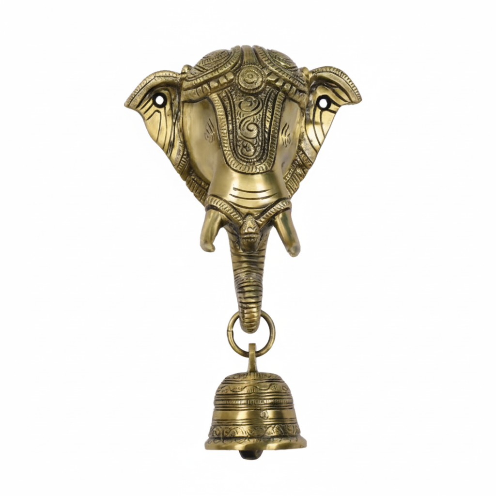 A gold finish Lord Ganesha wall-mounted hanging bell featuring a detailed Ganesha face with an ornate crown and a decorative hanging puja bell, designed for home temple or pooja room decoration.
