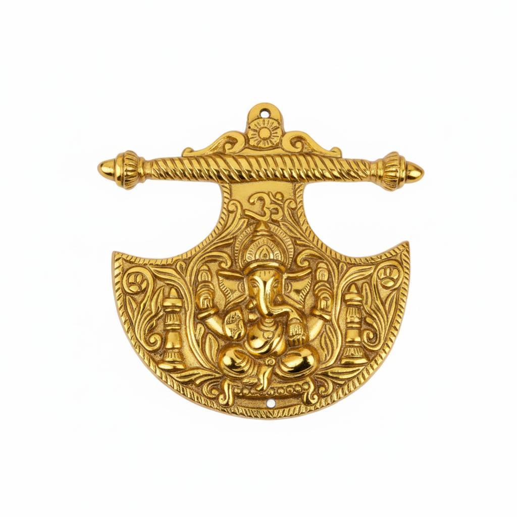 A po gold finish wall-hanging accent in the shape of a Parashu (axe) featuring a central Lord Ganesha icon, a sacred Om symbol, and intricate floral carvings, designed for home temple decoration or auspicious entryway placement.
