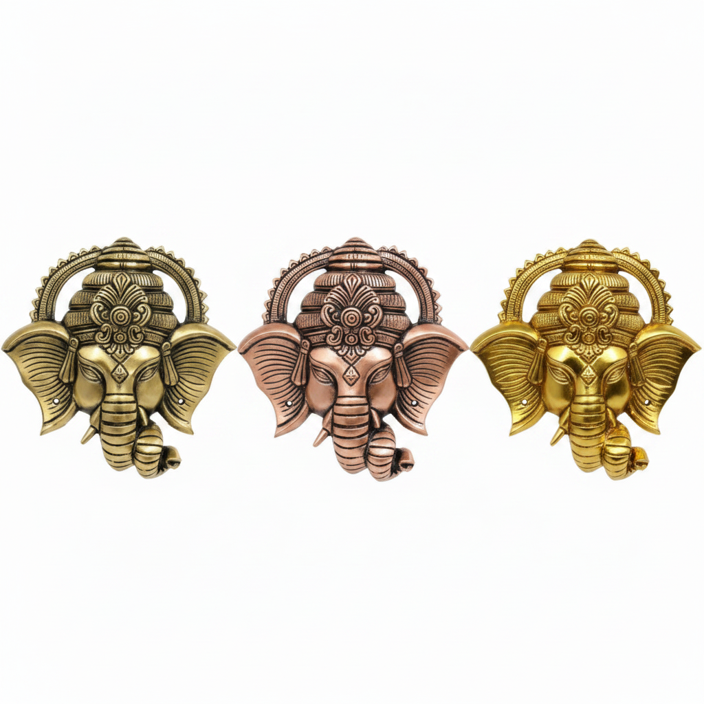 Decorative Lord Ganesha wall hangings featuring detailed faces with ornate crowns in various metallic finishes, including antique brass, rose gold and gold, for home temple or entryway decoration.