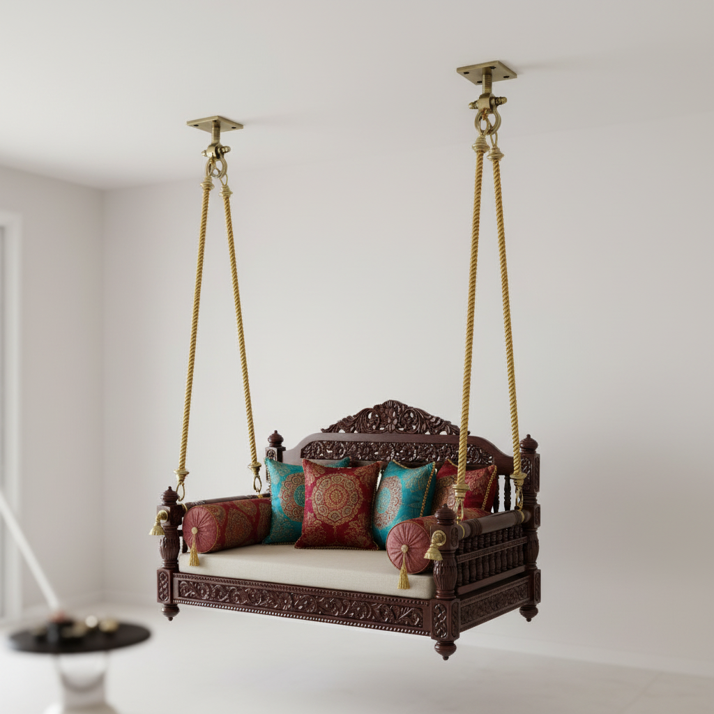 A premium hand-carved wooden Jhula (indoor swing) suspended in a modern living room using DLP153 antique brass ceiling hooks. The decorative swing features intricate traditional patterns, plush seating, and colorful ethnic bolsters, supported by heavy-duty brass-toned ropes and industrial-strength Kada hooks. This setup showcases a perfect blend of luxury interior design and high-load architectural hardware for home relaxation areas.