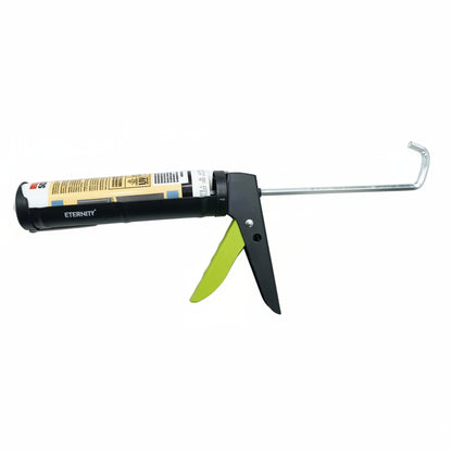 An Eternity professional manual caulking gun loaded with a silicone sealant cartridge, ready for application. The tool features a high-thrust ratio mechanism, a sturdy black barrel, and a lime-green ergonomic trigger for comfortable extended use. Ideal for waterproof sealing, adhesive dispensing, and architectural glazing projects in both residential and commercial construction.