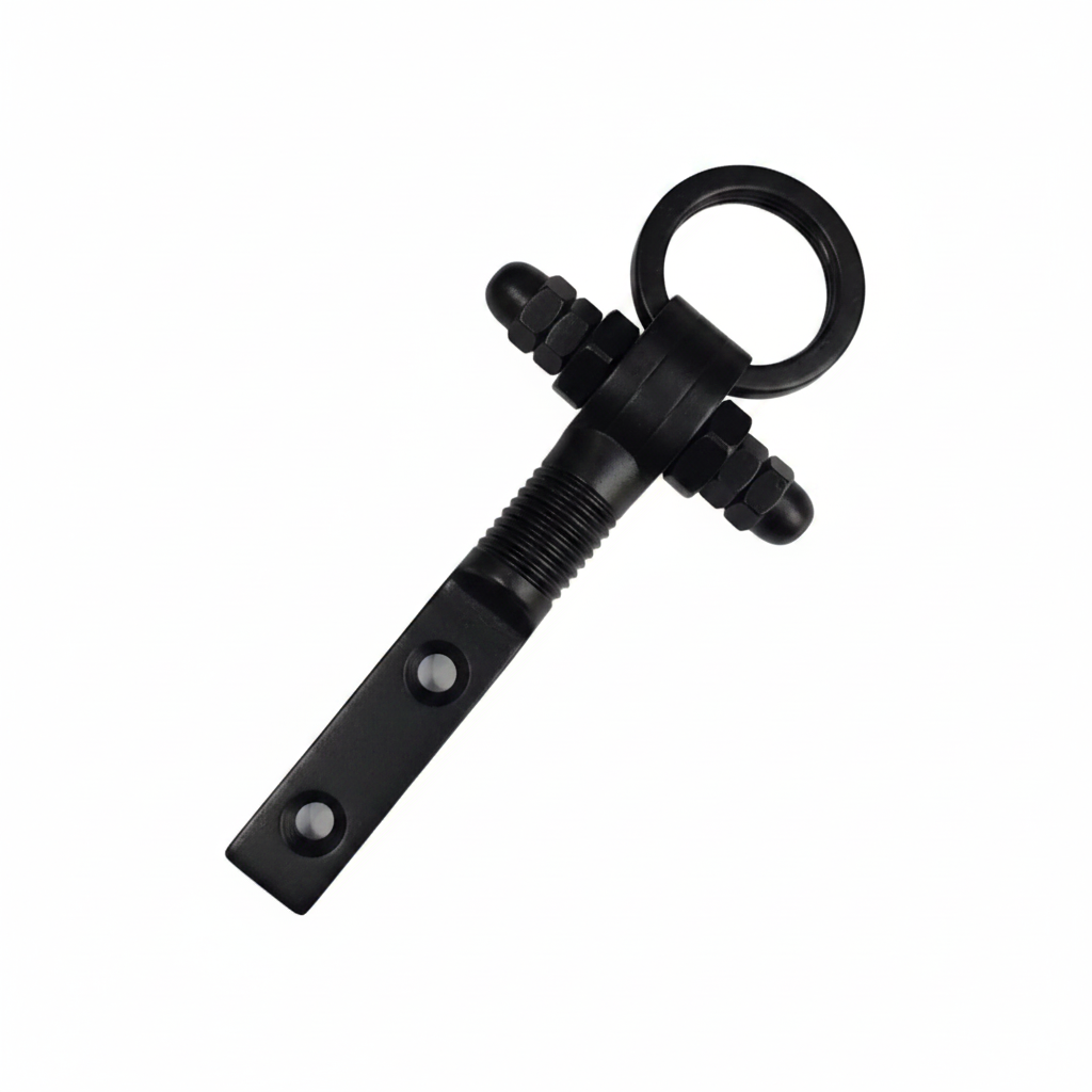 Modern matte black bolt kada jhula hook with vertical mounting plate and heavy-duty adjustable nuts for industrial-style ceiling swings.