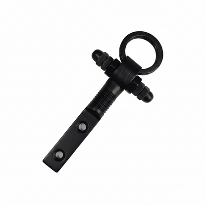 Modern matte black bolt kada jhula hook with vertical mounting plate and heavy-duty adjustable nuts for industrial-style ceiling swings.