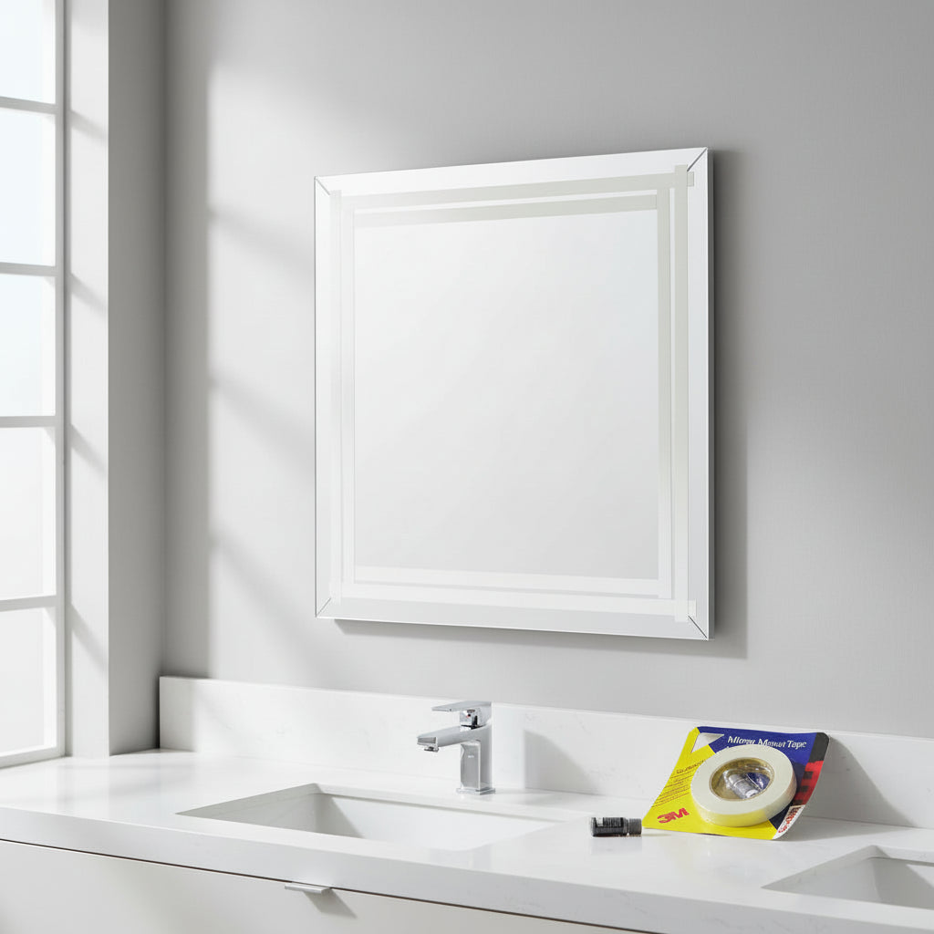 A modern bathroom scene showing a large square mirror mounted on a gray wall above a white vanity and sink. The 3M Mirror Mount Tape packaging and primer are visible on the counter, demonstrating a successful drill-free mirror installation.