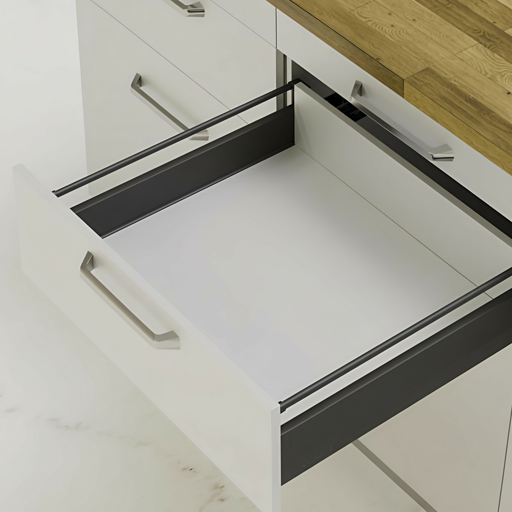 An open high-capacity kitchen drawer featuring a modern double-wall system with anthracite grey sides and integrated gallery rails. The drawer is installed in a white minimalist cabinet with a natural wood countertop, showcasing slim-side hardware and a sleek silver handle for premium interior organization.