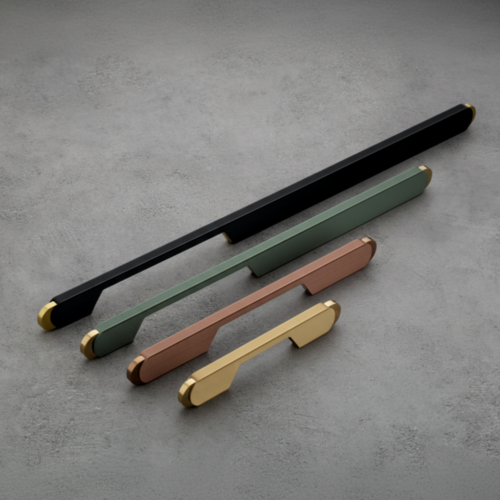 A collection of modern dual-tone cabinet handles featuring curved profiles and gold-finished end caps. The image showcases various lengths in matte black, sage green, rose copper, and brushed gold finishes with a precision knurled texture, ideal for luxury kitchen cabinetry and custom wardrobe designs.