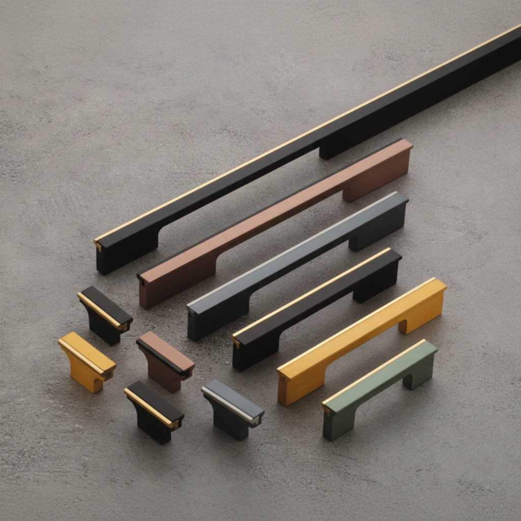 A collection of modern dual-tone geometric cabinet handles and matching knobs featuring sleek gold and silver top accents. The image showcases various lengths and a premium color palette including matte black, sage green, charcoal grey, brushed gold, and copper, ideal for luxury kitchen cabinetry and custom furniture projects.