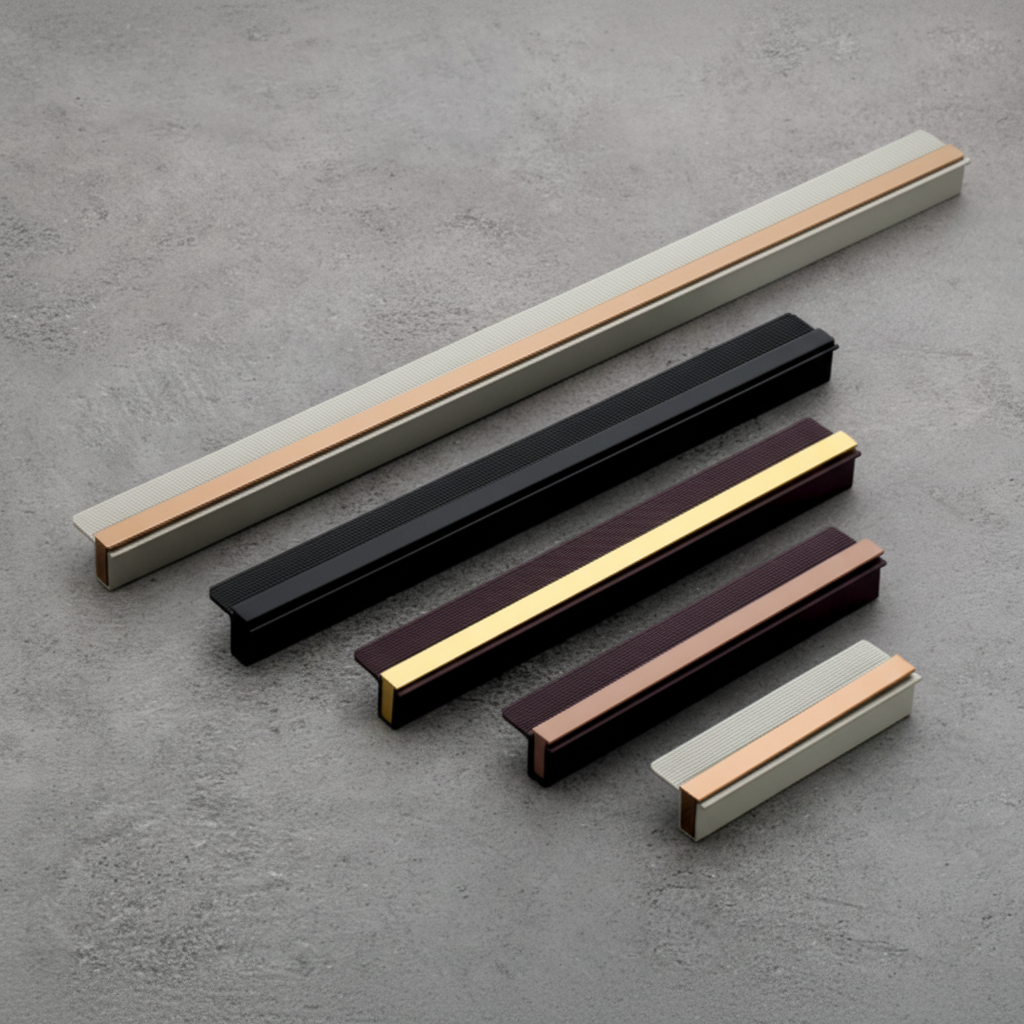 A collection of modern dual-tone profile cabinet handles in various lengths and finishes including matte black, gold, rose gold, and cream. The image showcases the unique textured top surface and sleek geometric design, ideal for luxury kitchen cabinetry, custom wardrobes, and contemporary furniture projects.