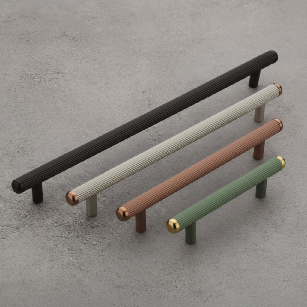 A collection of modern fluted T-bar cabinet handles featuring a textured vertical ridge design and elegant metallic end caps. The image showcases various lengths in matte black, cream, rose copper, and sage green finishes with gold and copper accents, ideal for luxury kitchen cabinetry, custom wardrobes, and high-end furniture projects.