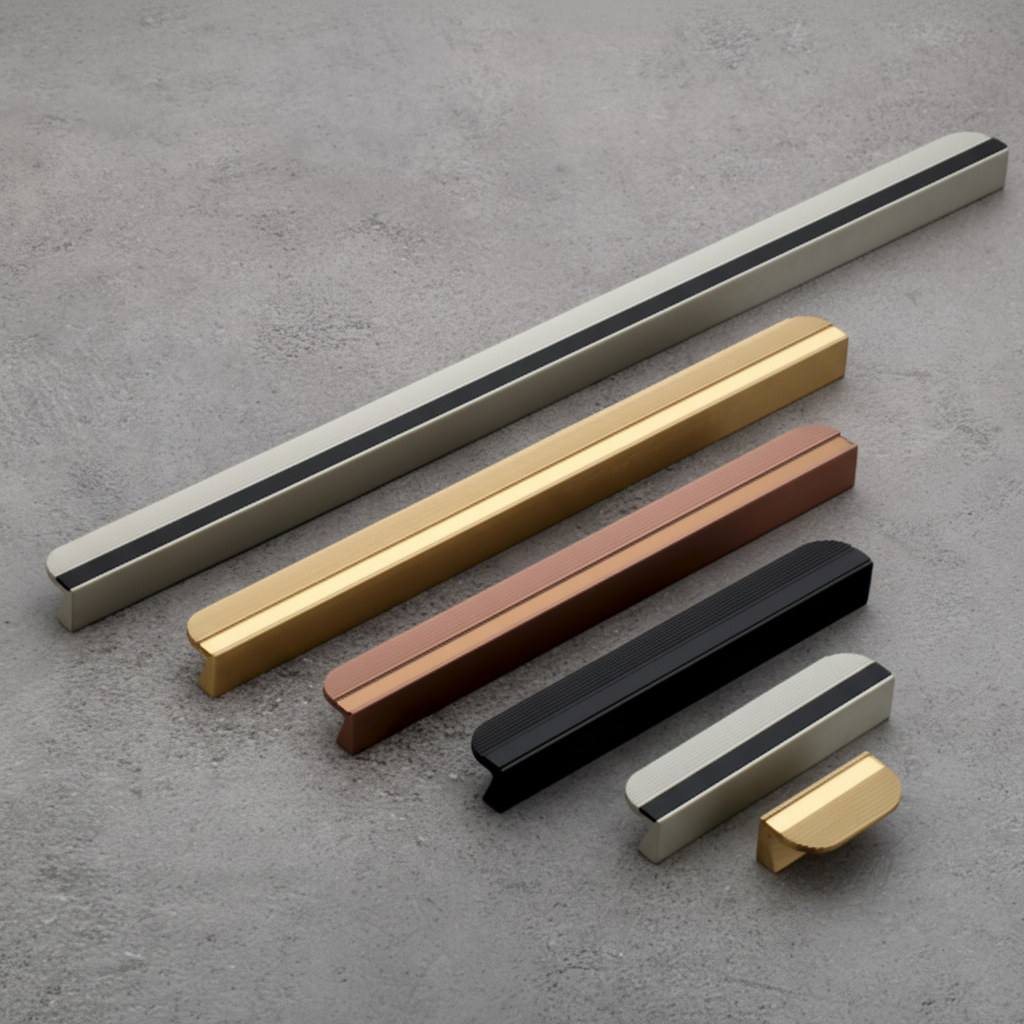 A collection of modern integrated lip profile cabinet handles in various lengths and premium finishes, including brushed gold, matte black, rose copper, and a silver-and-black dual-tone. The image showcases the sleek ergonomic lip design and precision-textured top surface, ideal for minimalist kitchen cabinetry, custom wardrobes, and high-end furniture projects.