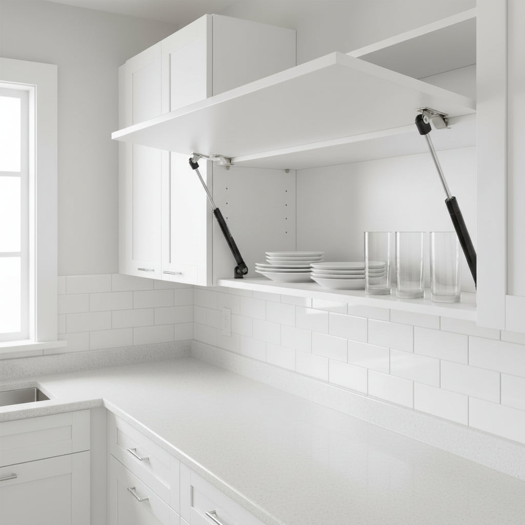 A bright, modern white kitchen featuring an overhead cabinet held open by two black 9-inch hydraulic gas pumps. The image showcases the lift supports providing hands-free access to organized dishes and glassware, highlighting the smooth functionality and space-saving design of pneumatic struts in contemporary kitchen cabinetry.
