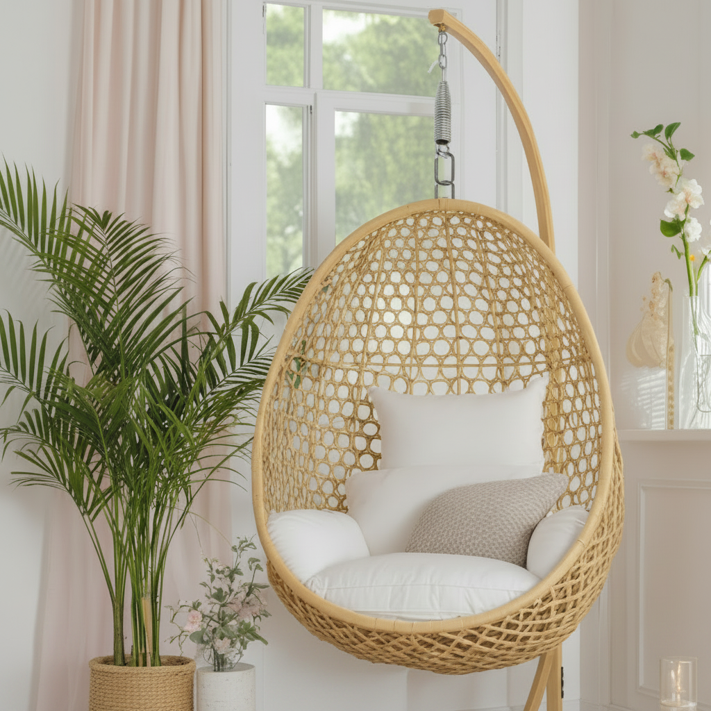 A contemporary rattan egg swing chair featuring a light natural finish, elegantly suspended in a bright interior. The setup utilizes a DLP SS 202 heavy-duty stainless steel Jhula spring and metal chain for enhanced comfort and structural safety. Complete with plush white cushions and a decorative throw pillow, this image showcases a premium indoor relaxation corner powered by professional-grade swing hardware.