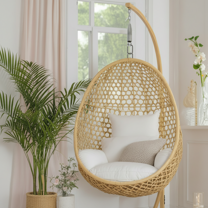 A contemporary rattan egg swing chair featuring a light natural finish, elegantly suspended in a bright interior. The setup utilizes a DLP SS 202 heavy-duty stainless steel Jhula spring and metal chain for enhanced comfort and structural safety. Complete with plush white cushions and a decorative throw pillow, this image showcases a premium indoor relaxation corner powered by professional-grade swing hardware.