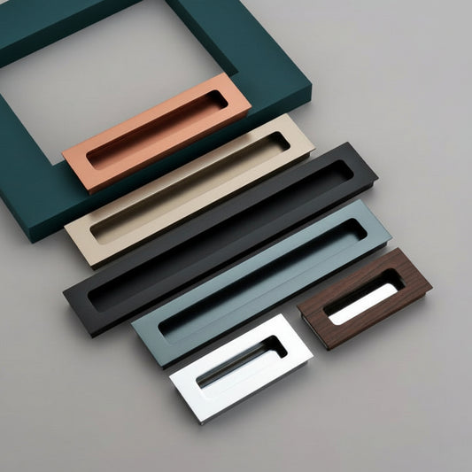 A collection of Creatick CN-2 modern recessed cabinet handles featuring a sleek, rectangular flush-mount design. These minimalist concealed pulls are shown in various finishes including rose gold, satin champagne, matte black, slate grey, polished chrome, and a unique dark wood grain—ideal for sliding doors, luxury kitchen cabinetry, and seamless wardrobe designs.