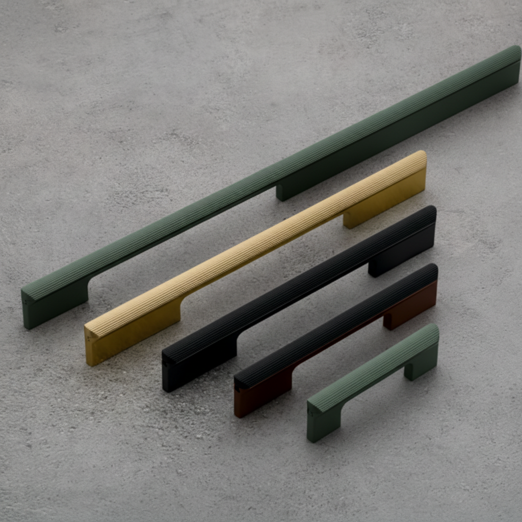 A collection of modern fluted profile cabinet handles in various lengths and premium finishes, including forest green, brushed gold, matte black, and dark mahogany. The image showcases the elegant textured vertical ridges and sleek geometric silhouette, ideal for luxury kitchen cabinetry, custom wardrobes, and contemporary furniture designs.