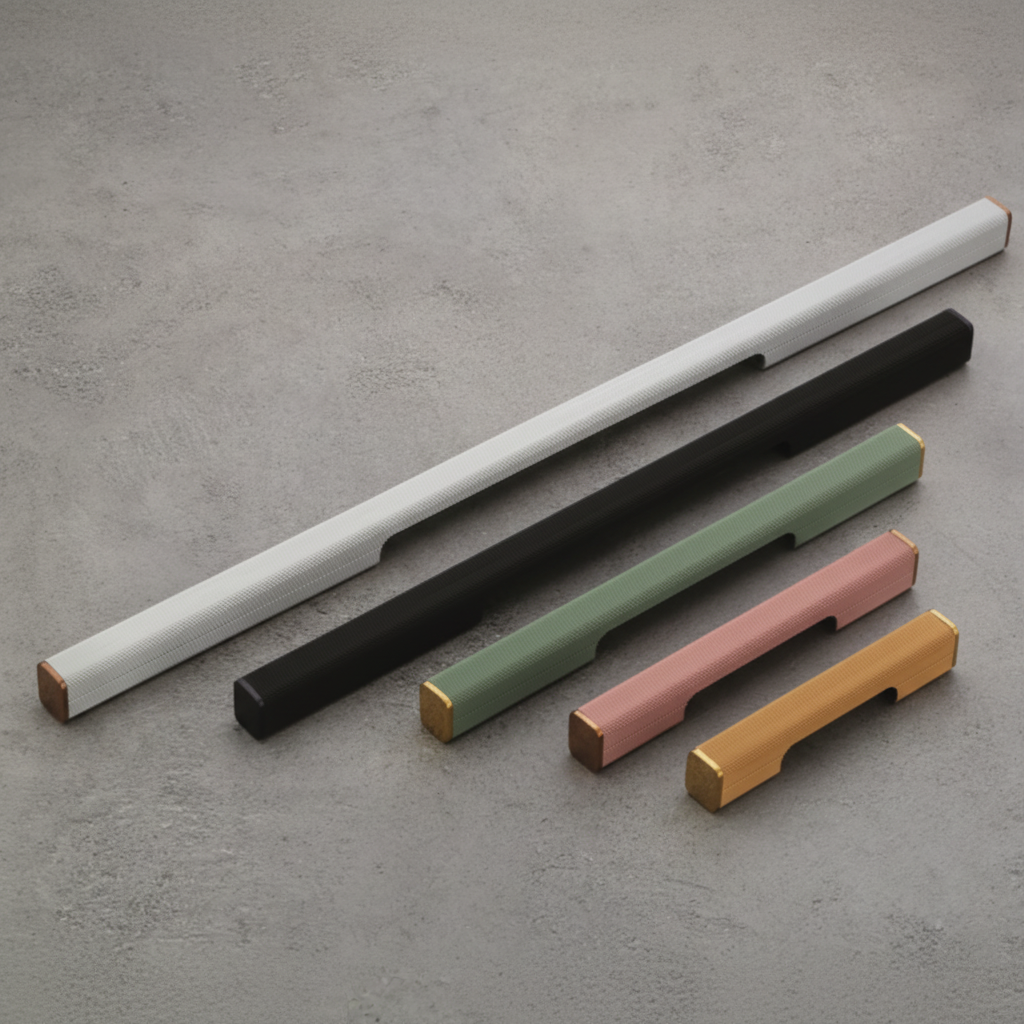 A collection of modern profile cabinet handles featuring a fine cross-hatch texture and elegant gold end caps. The image showcases various lengths in white, matte black, sage green, rose pink, and brushed gold finishes, ideal for luxury kitchen cabinetry, custom wardrobes, and contemporary furniture designs.