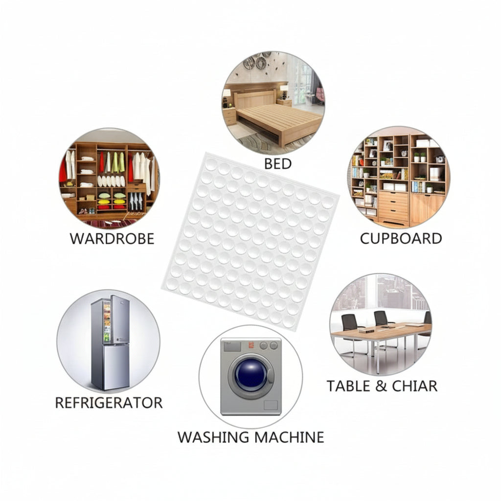 An infographic showing a sheet of clear adhesive bumper pads surrounded by various applications including wardrobes, beds, cupboards, refrigerators, washing machines, and office tables to prevent scratches and dampen noise.