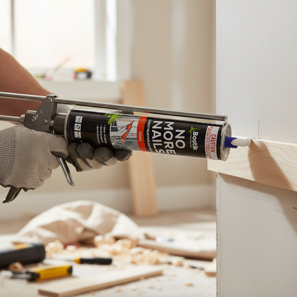 A close-up of a person wearing work gloves using a caulking gun to apply Bostik No More Nails construction adhesive to a wooden trim piece against a white wall. This image demonstrates the high-grab strength and precision of the sealant for nail-free interior woodwork and home improvement projects.