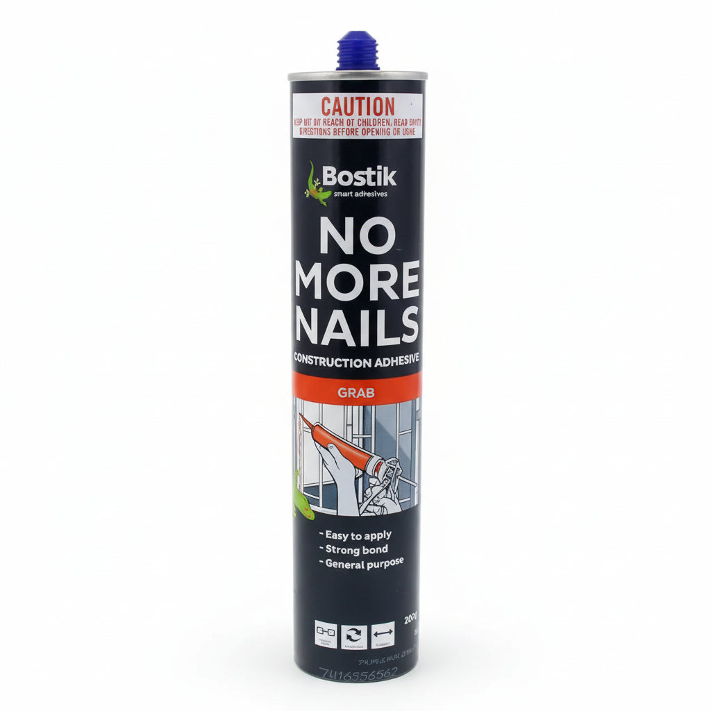A cartridge of Bostik No More Nails high-strength construction adhesive designed for general-purpose bonding. The label highlights its strong grab, easy application, and suitability for various substrates, making it an ideal nail-free solution for home repairs and construction projects.