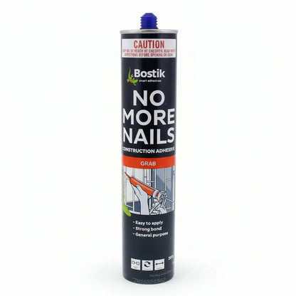 A cartridge of Bostik No More Nails high-strength construction adhesive designed for general-purpose bonding. The label highlights its strong grab, easy application, and suitability for various substrates, making it an ideal nail-free solution for home repairs and construction projects.