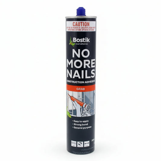 A cartridge of Bostik No More Nails high-strength construction adhesive designed for general-purpose bonding. The label highlights its strong grab, easy application, and suitability for various substrates, making it an ideal nail-free solution for home repairs and construction projects.