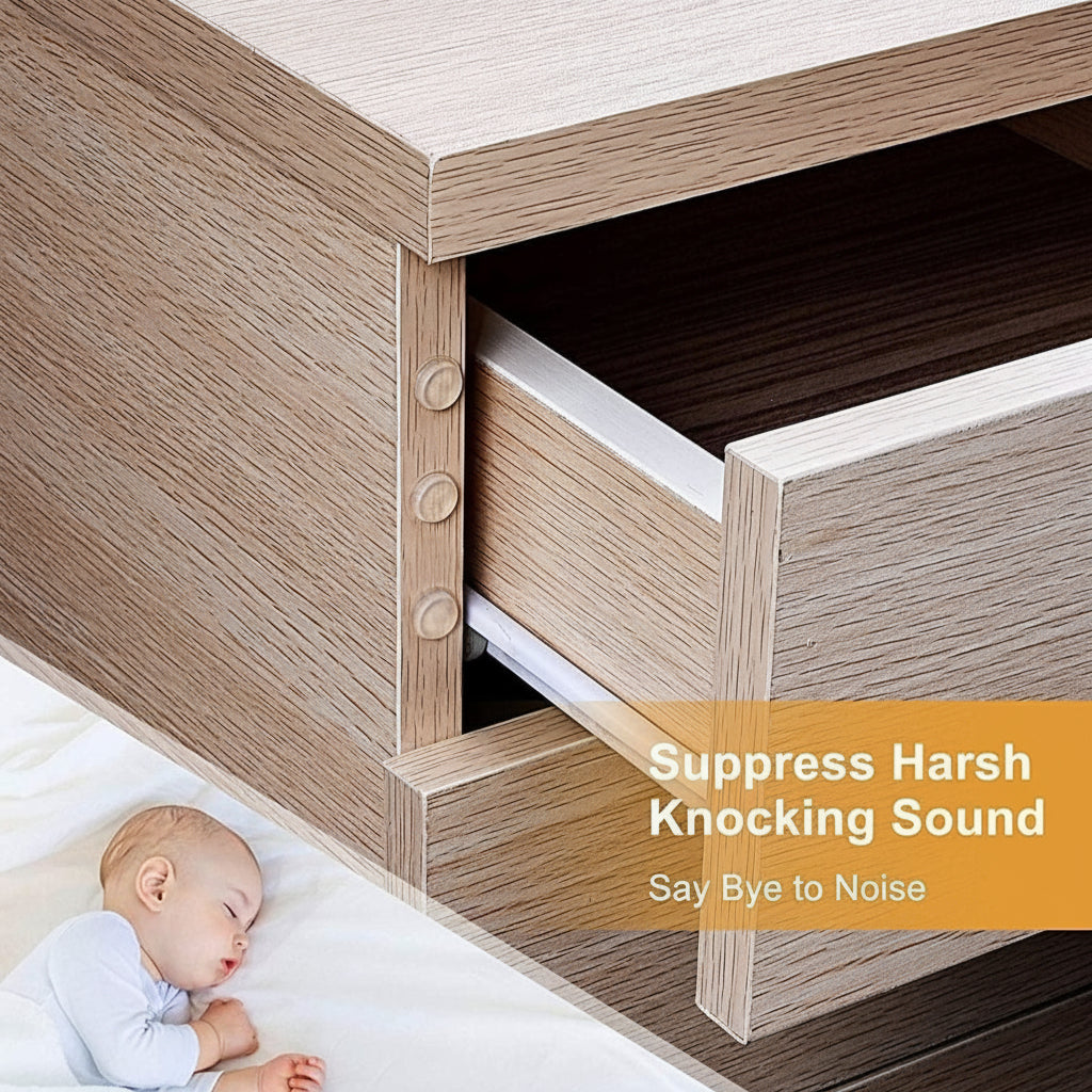 Clear silicone bumper pads installed on a wooden drawer frame to suppress knocking sounds, shown next to a sleeping baby to demonstrate noise reduction and quiet closing for nursery furniture.