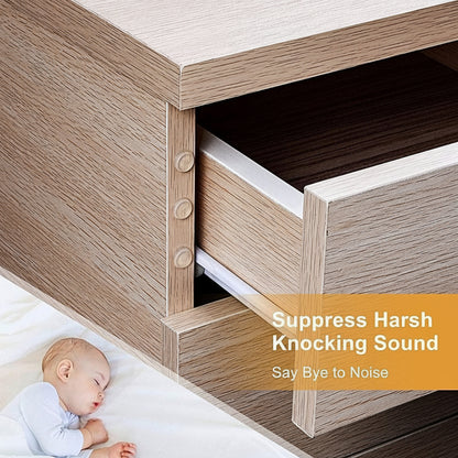 Clear silicone bumper pads installed on a wooden drawer frame to suppress knocking sounds, shown next to a sleeping baby to demonstrate noise reduction and quiet closing for nursery furniture.