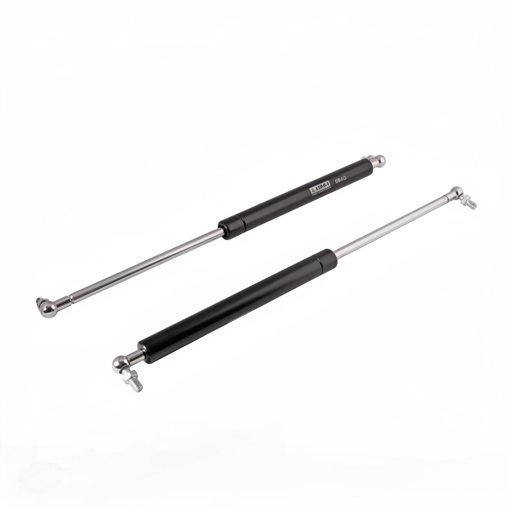 A pair of professional-grade pneumatic gas struts featuring a sleek black finish and high-pressure hydraulic rods. These lift supports come equipped with adjustable metal ball joint connectors for smooth, silent operation. Ideal for supporting heavy cabinet doors, automotive hoods, and storage lids, ensuring a safe and controlled soft-close motion.