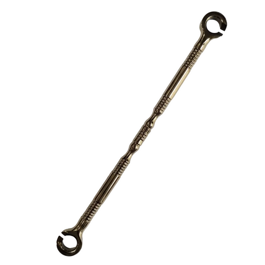 Polished SS-304 stainless antique brass jhula chain link with a decorative ribbed Damru design and open-ring ends for heavy-duty ceiling swing sets.