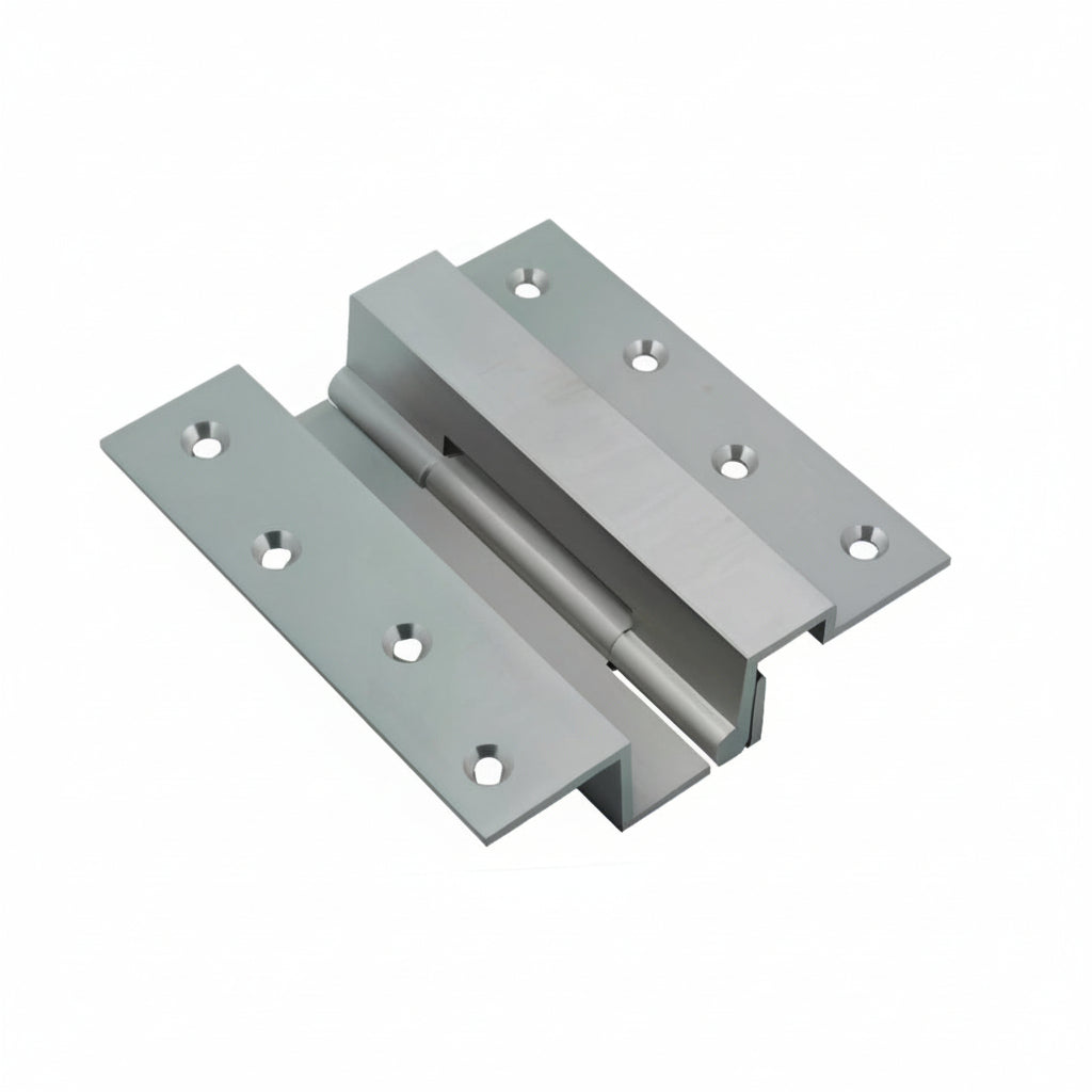A Bharmal premium brass duck hinge featuring a sleek satin rhodium finish. This specialized cabinet hardware includes eight countersunk mounting holes and a unique offset profile, designed for heavy-duty furniture and specific door-inset applications.