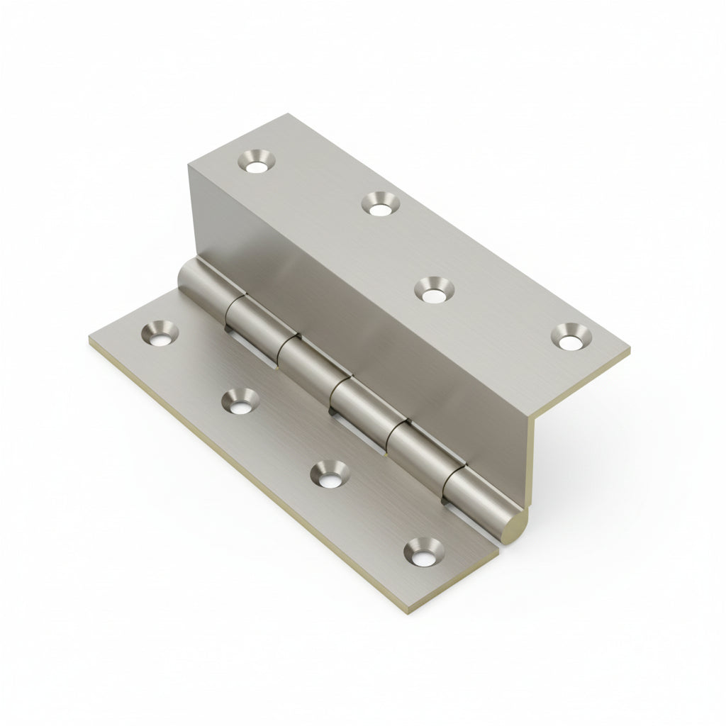 A Bharmal premium brass Z-hinge featuring a high-quality satin rhodium finish. This specialized furniture hardware includes eight countersunk screw holes and a sturdy five-knuckle design, ideal for offset door mounting in cabinets and premium wardrobe installations.