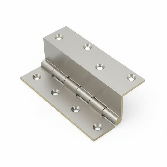 A Bharmal premium brass Z-hinge featuring a high-quality satin rhodium finish. This specialized furniture hardware includes eight countersunk screw holes and a sturdy five-knuckle design, ideal for offset door mounting in cabinets and premium wardrobe installations.