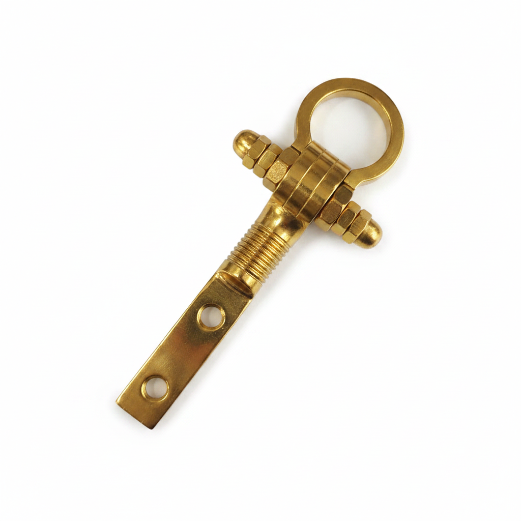 Premium gold finish vertical plate bolt kada jhula hook with heavy-duty mounting holes and adjustable nuts for ceiling swings.