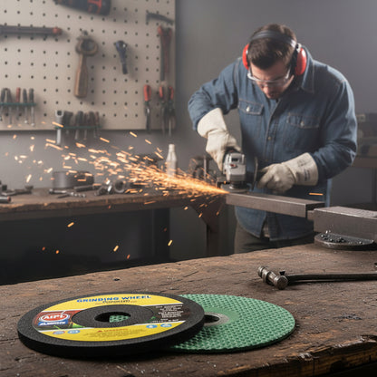 A professional workshop setting where a worker uses an angle grinder to smooth a metal bar, creating bright orange sparks. In the foreground, two ABRO Premium Grinding Wheels—one black with a yellow label and one green textured disc—are displayed on a wooden workbench to showcase their use in heavy-duty metal fabrication.