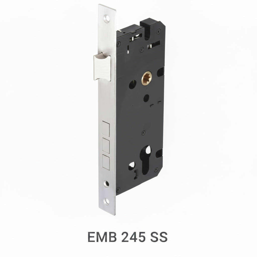 A premium heavy-duty mortise lock body featuring a high-security triple-bolt deadbolt mechanism and a reversible latch. The assembly showcases a durable brushed stainless steel faceplate and a reinforced black powder-coated internal case. Engineered for residential and commercial wooden doors, this professional hardware provides enhanced break-in resistance and is compatible with standard euro-profile cylinders and designer handle sets.