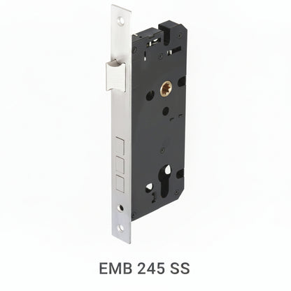 A premium heavy-duty mortise lock body featuring a high-security triple-bolt deadbolt mechanism and a reversible latch. The assembly showcases a durable brushed stainless steel faceplate and a reinforced black powder-coated internal case. Engineered for residential and commercial wooden doors, this professional hardware provides enhanced break-in resistance and is compatible with standard euro-profile cylinders and designer handle sets.