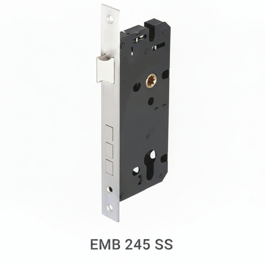 A premium heavy-duty mortise lock body featuring a high-security triple-bolt deadbolt mechanism and a reversible latch. The assembly showcases a durable brushed stainless steel faceplate and a reinforced black powder-coated internal case. Engineered for residential and commercial wooden doors, this professional hardware provides enhanced break-in resistance and is compatible with standard euro-profile cylinders and designer handle sets.